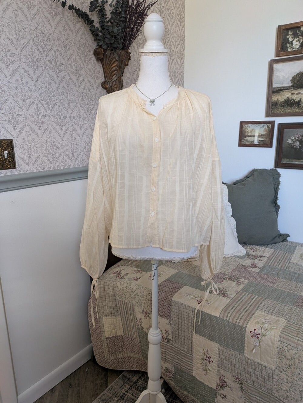 Christy Dawn Faye Blouse Oat Milk Plaid Deadstock USA Size S